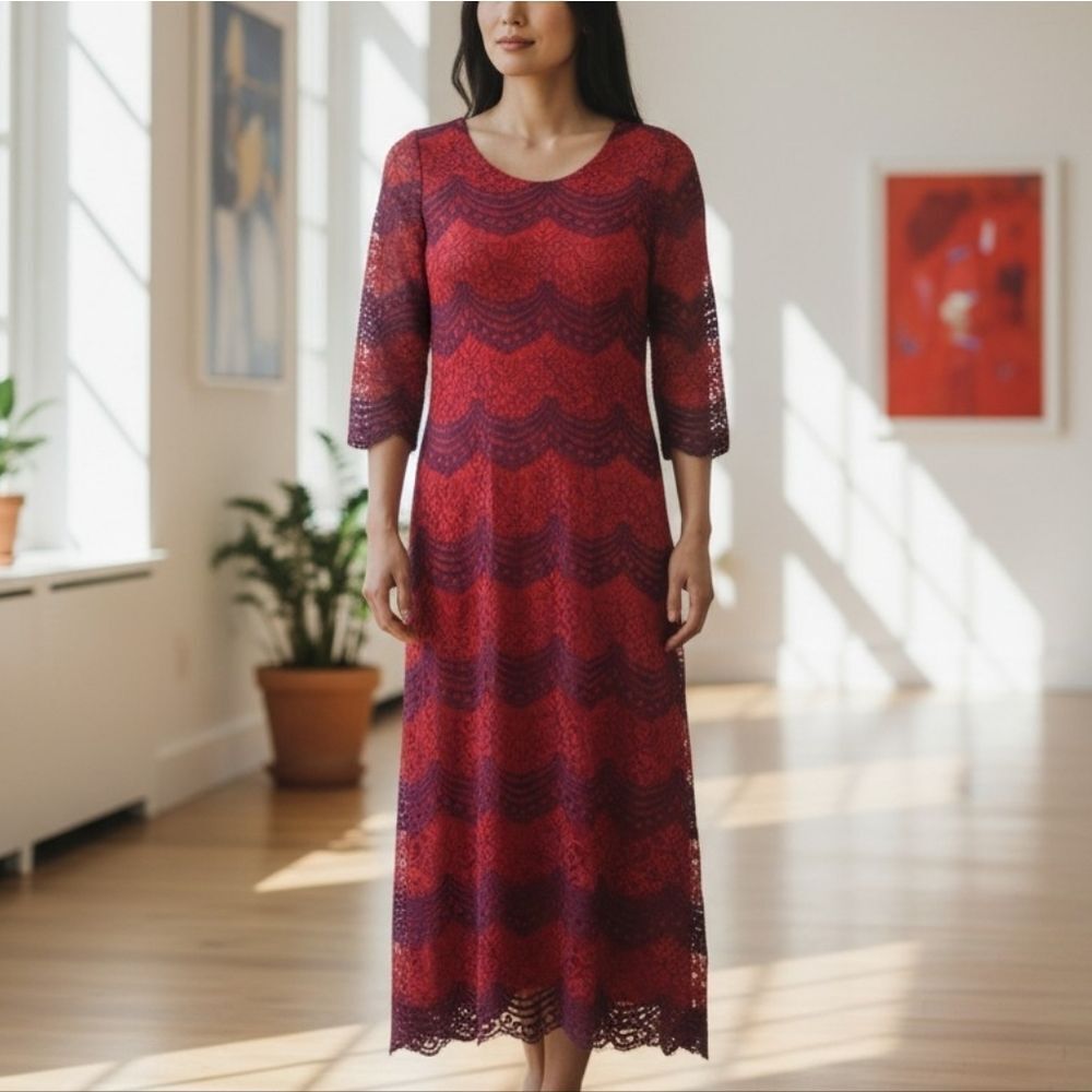 Vintage Navy & Red Lace 3/4 Sleeve Maxi Gown